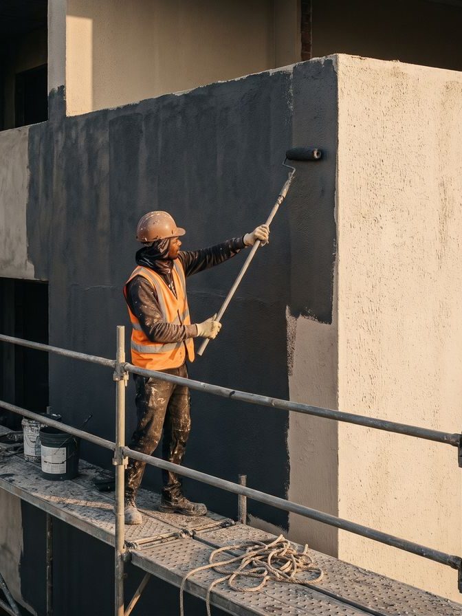 Exterior wall of a multi-storey building being coated with a protective weather-resistant finish