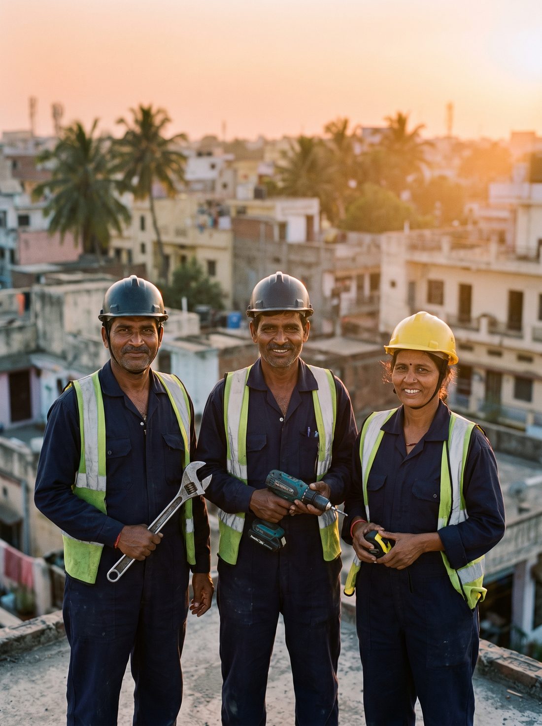 Sri Siddanath Waterproofing crew on a rooftop at sunset