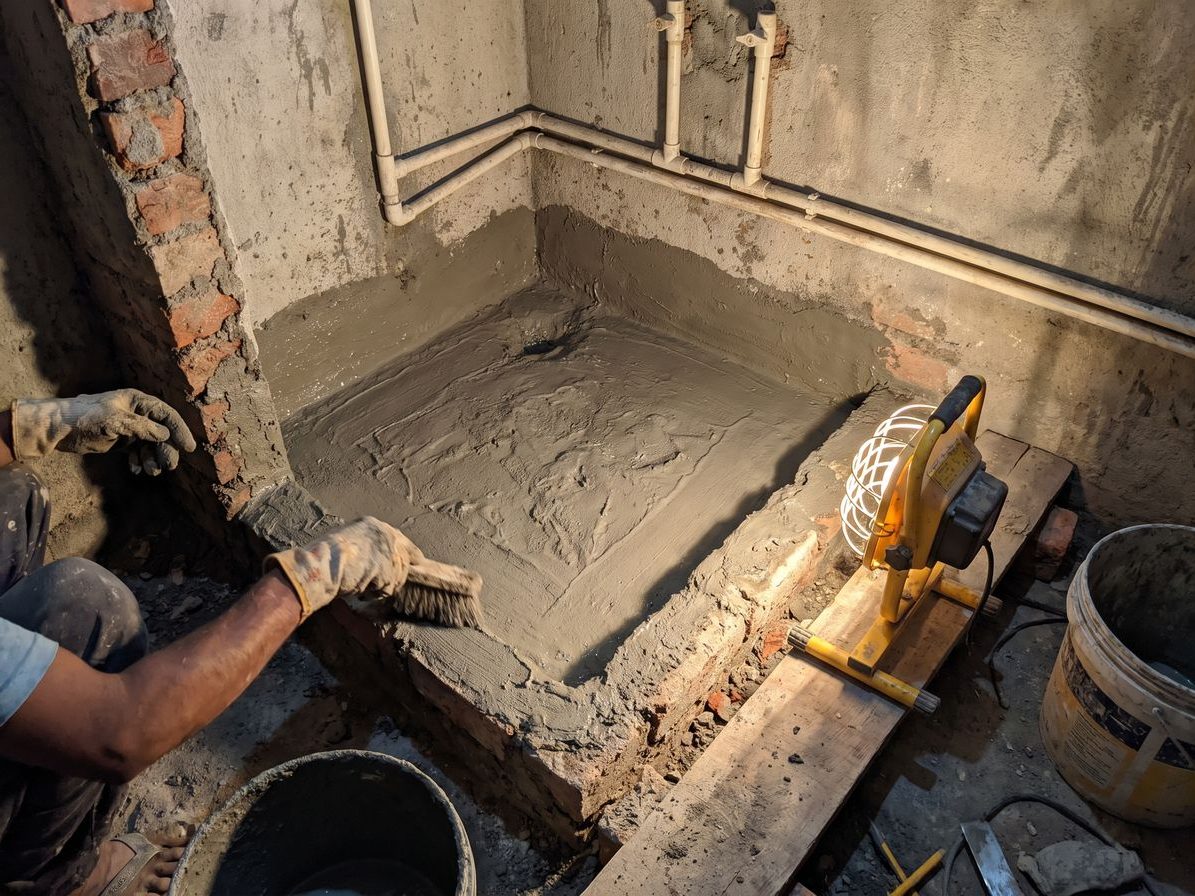 Bathroom sunken slab being coated with cementitious waterproofing before backfilling
