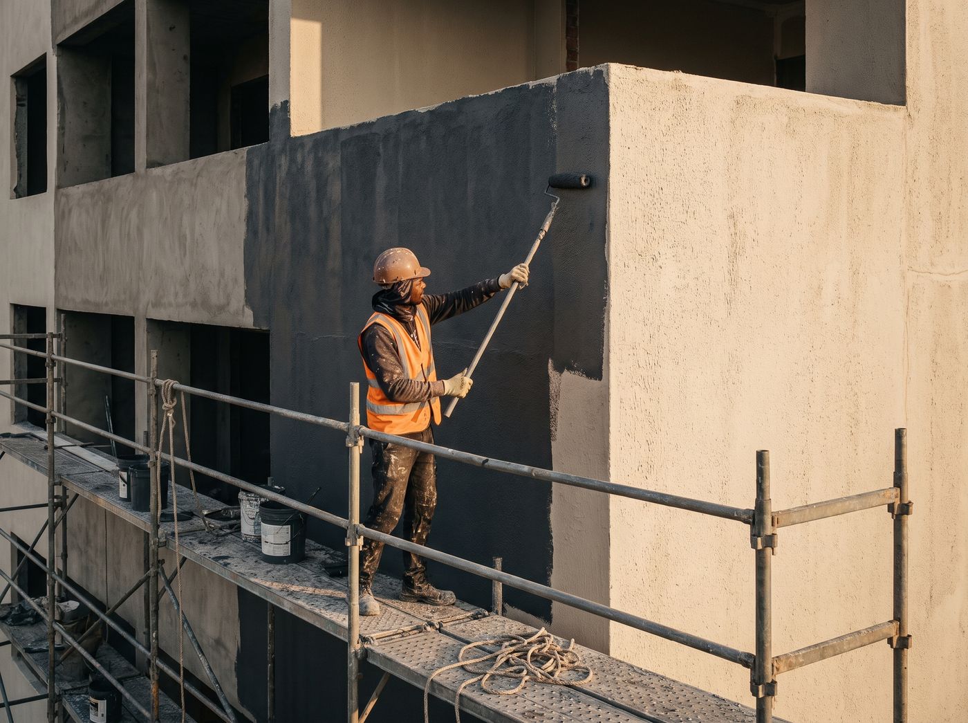 External wall of a building receiving a protective weather-resistant coating from scaffolding